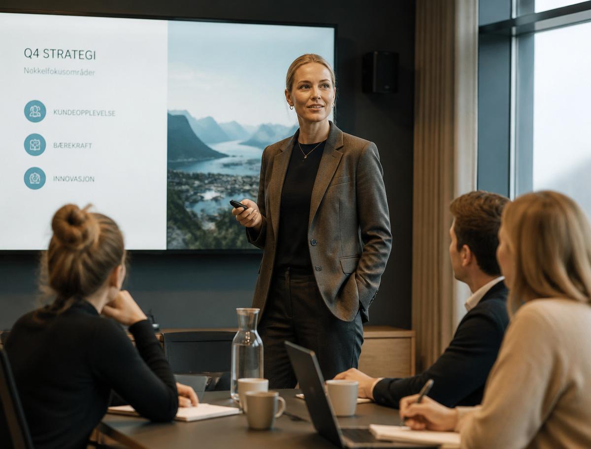 Kvinne presenterer for kolleger på et norsk forum