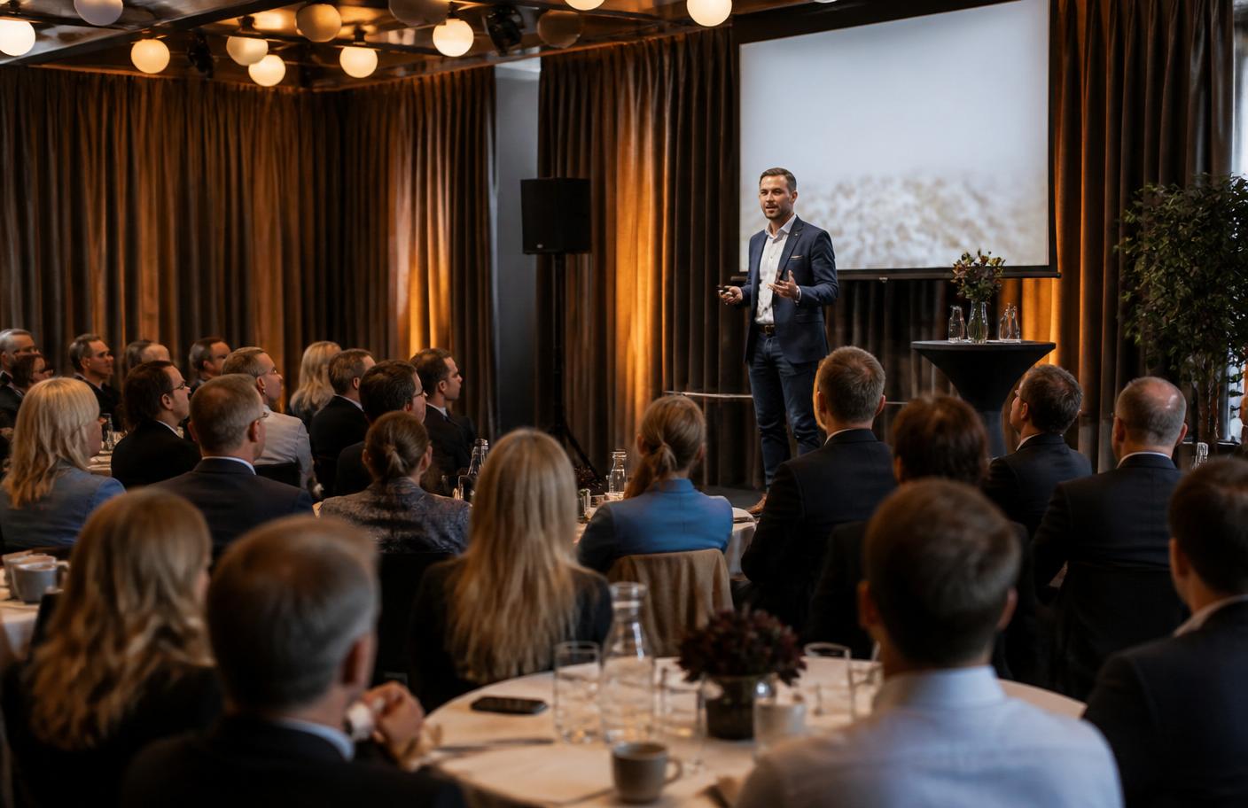 Foredragsholder på scene under norsk bedriftsforum