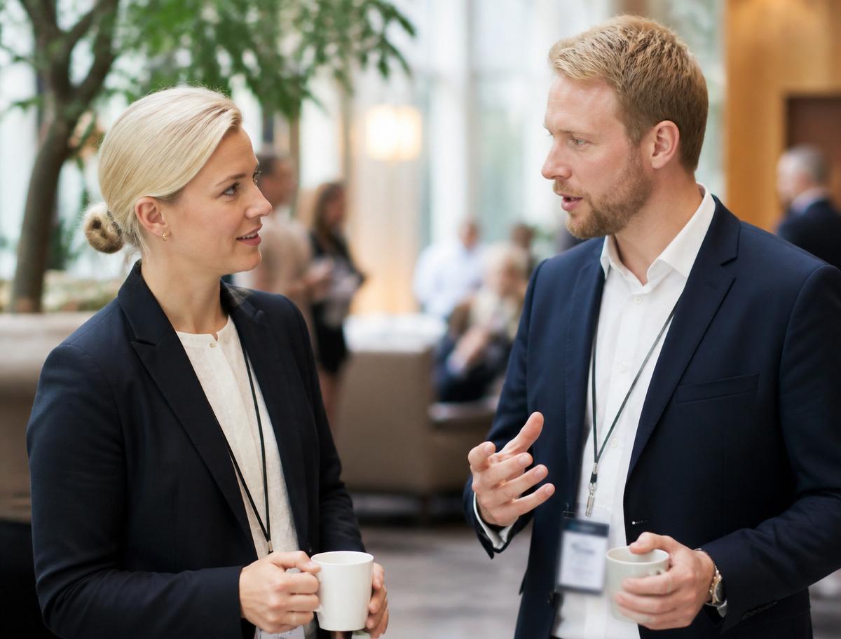 To bedriftsrepresentanter i samtale over kaffe